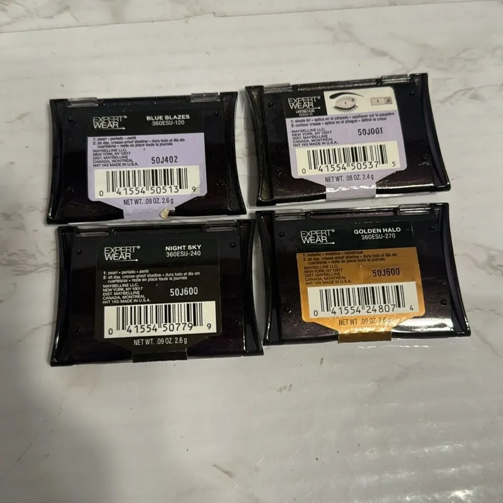 Maybelline, eyeshadow colors night sky, lasting lilacs, golden halo ,blue blazes